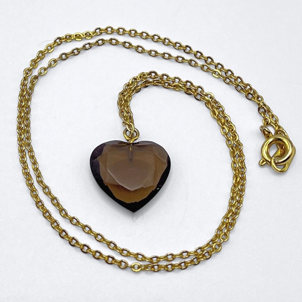 Vintage Smoky Quartz Heart Pendant Necklace Gold Tone Faceted Stone Charm 16"